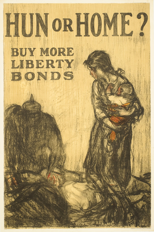 German soldier stalks mother and child; brown, tan, black