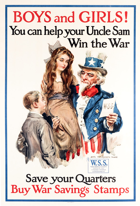 Uncle Sam with two Children; red, blue, brown, black