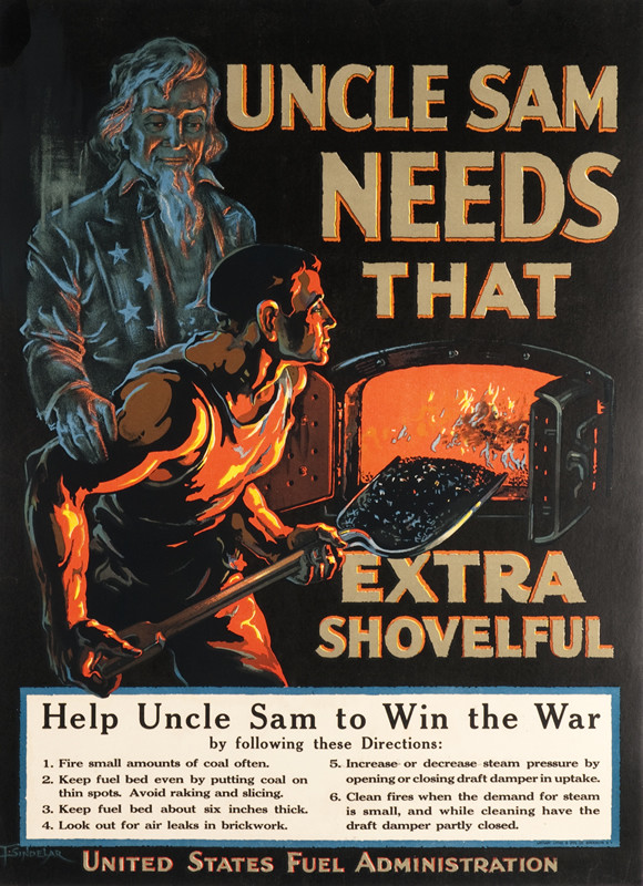 Uncle Sam Stands behind worker shoveling coal into furnace; orange, gray