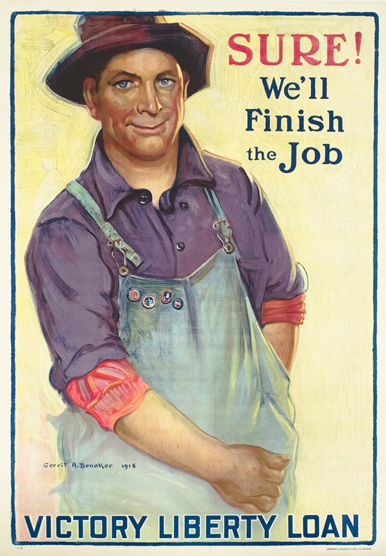 A man in overalls digs deep into his pocket; yellow, blue