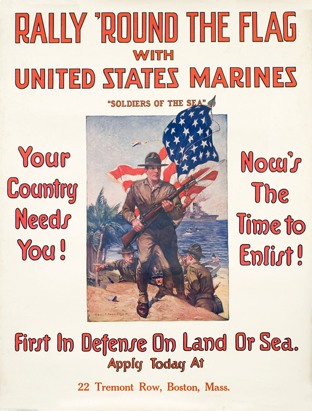 Marines take beach, flag behind; red, white, blue, brown