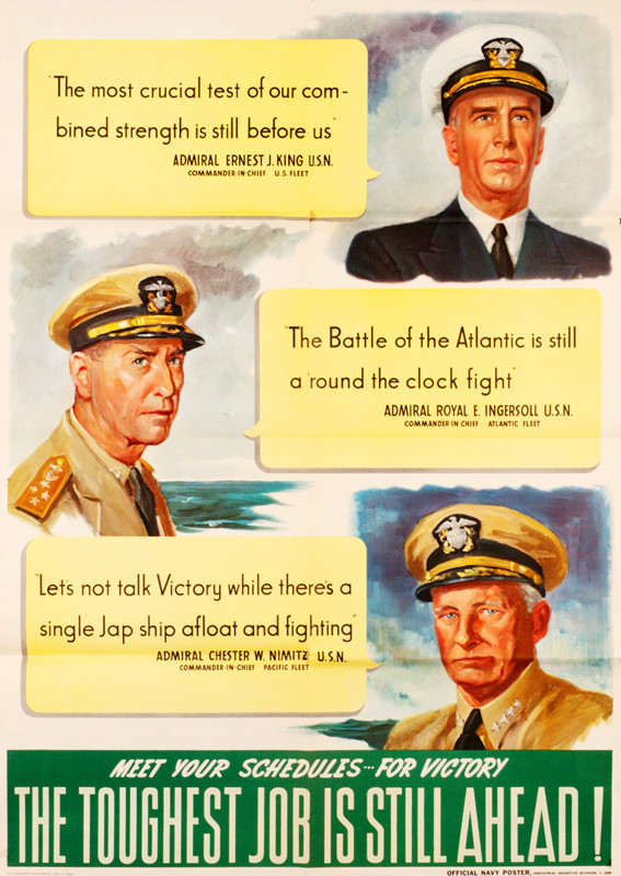 Portraits of three US Admirals beside motivational quotations; yellow, green, blue