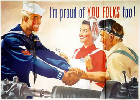 Smiling sailor shakes hands with two  factory workers (one man, one woman); blue, red, beige