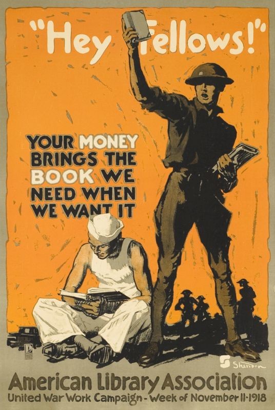 Soldier raises book, sitting sailor reads; brown, orange