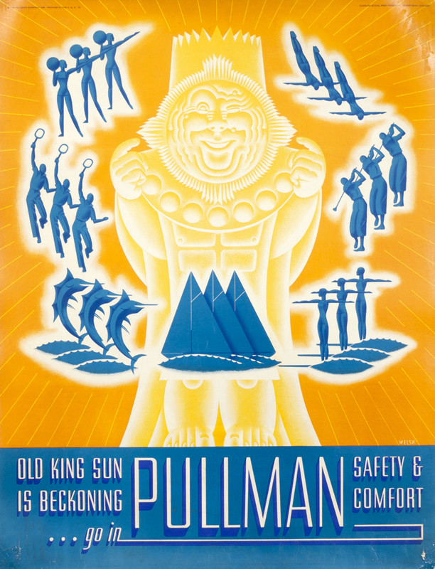 Figure of sun surrounded by swimmers, golfers, boats, etc