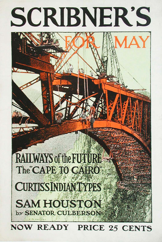 Construction of a bridge; green, orange, black, gray