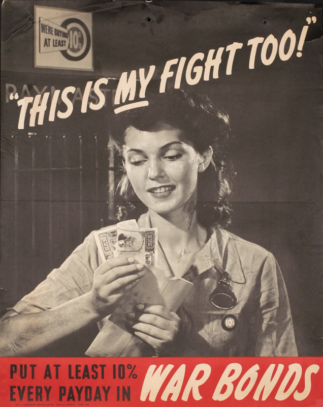 Woman in work uniform puts bond in envelope; black, red, white