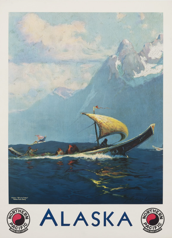 Traditional boats and mountains; blue, yellow