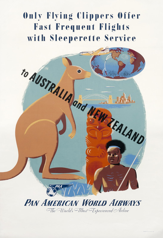 Kangaroo, Maori and Sydney bridge; blue, orange, brown