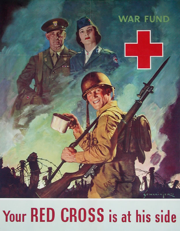 Infantry soldier smiles as red cross volunteers hover above; blue, brown