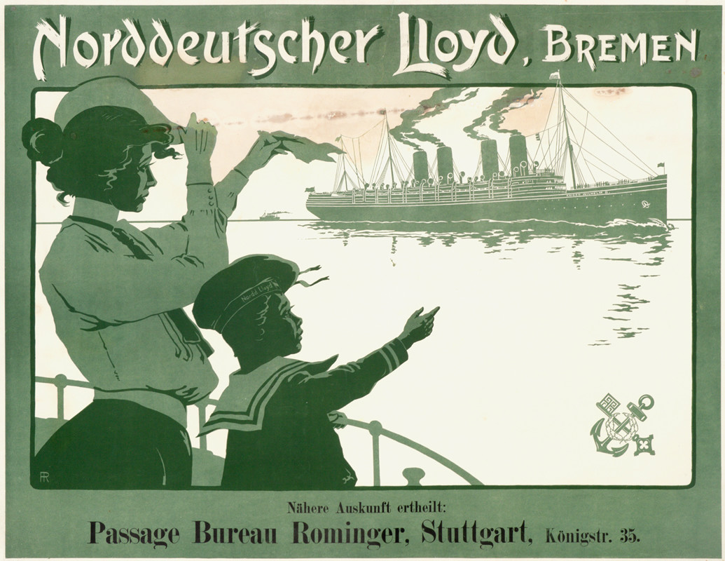 Woman and boy wave at passing ocean liner Kaiser Wilhelm II; green (one color print)