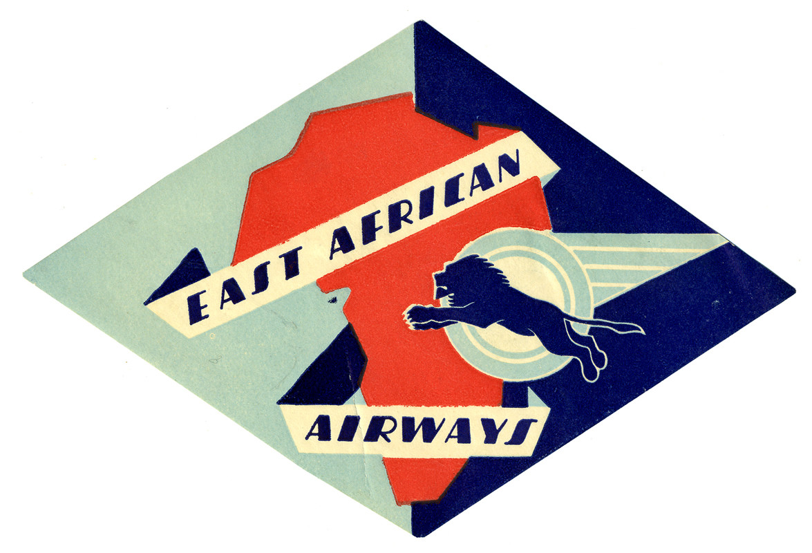Silhouette of Africa with East African Airways logo (lion); red, blue, white
