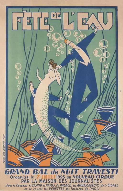 Two men dance with a mermaid; green, blue, orange