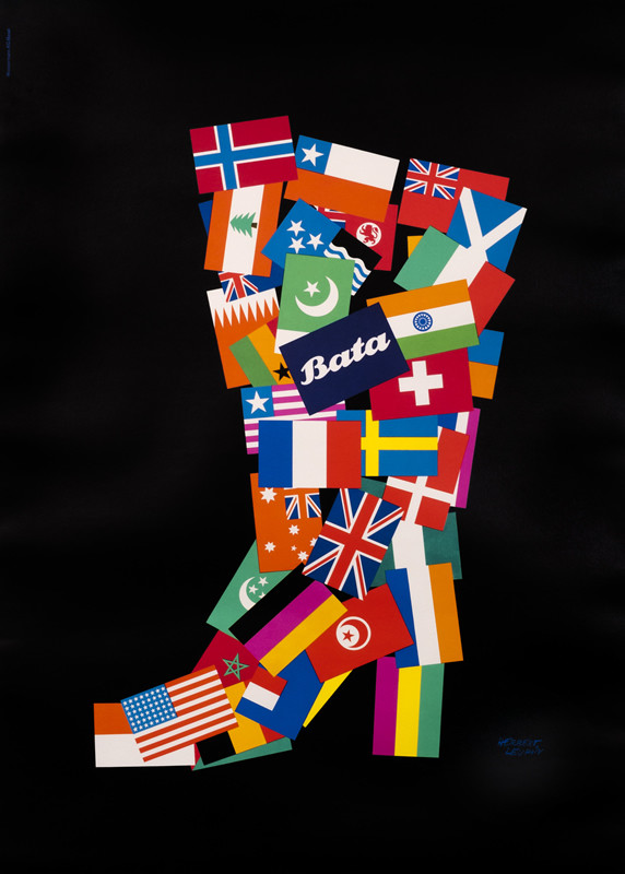 Boot made up of flags, BATA at center; black backgound, red, blue, yellow, green, pink