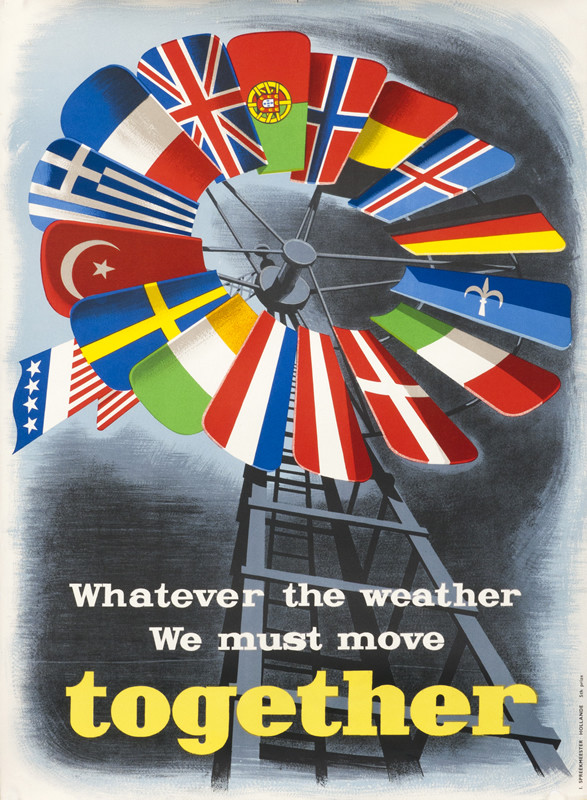 Windmill of European flags; red, black, blue, yellow