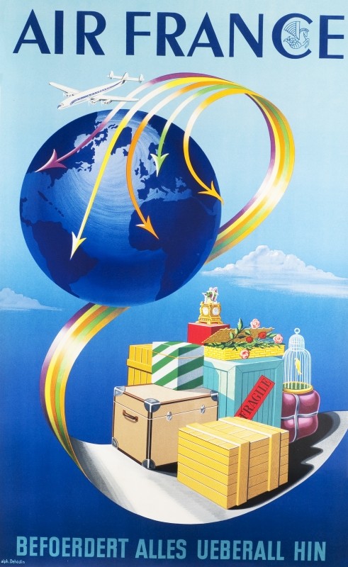 AF plane circles the globe, highlighting routes around the world, pile of miscellaneous luggage and boxes; blue, white, yellow