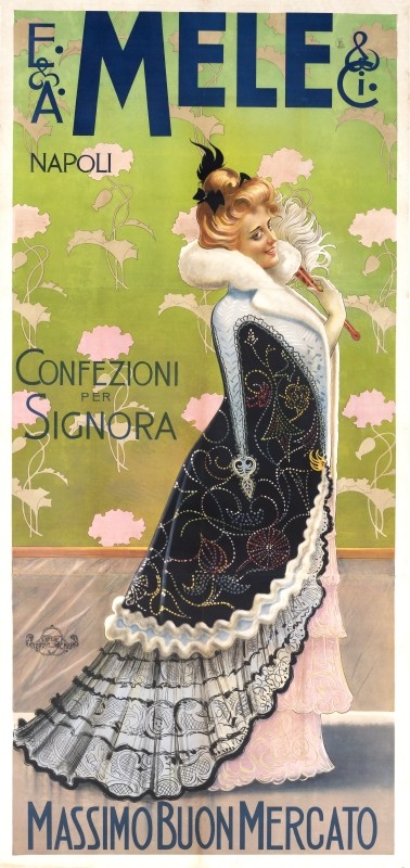 Formal woman with cape; blue, green, gray, black, pink