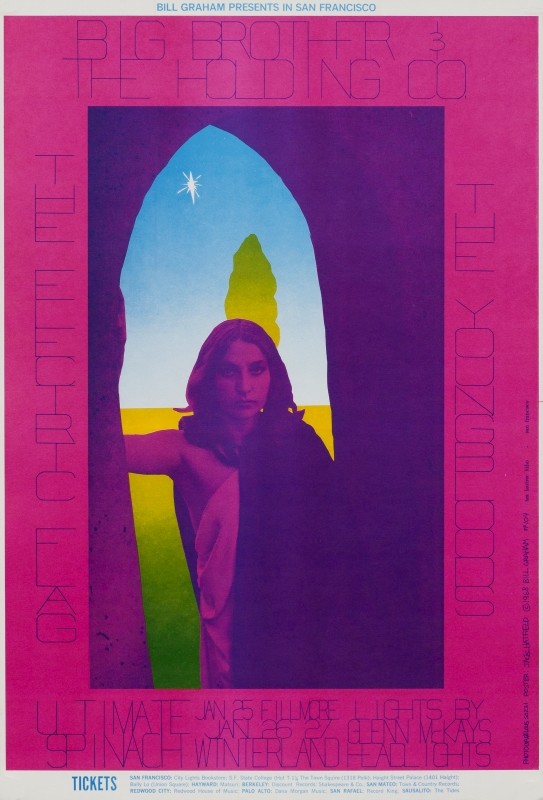 No. 104, woman with cape in abstract landscape space looking through door, Electric Flag, The Youngbloods, Ultimate Spinach; pink, purple, blue, green, neon