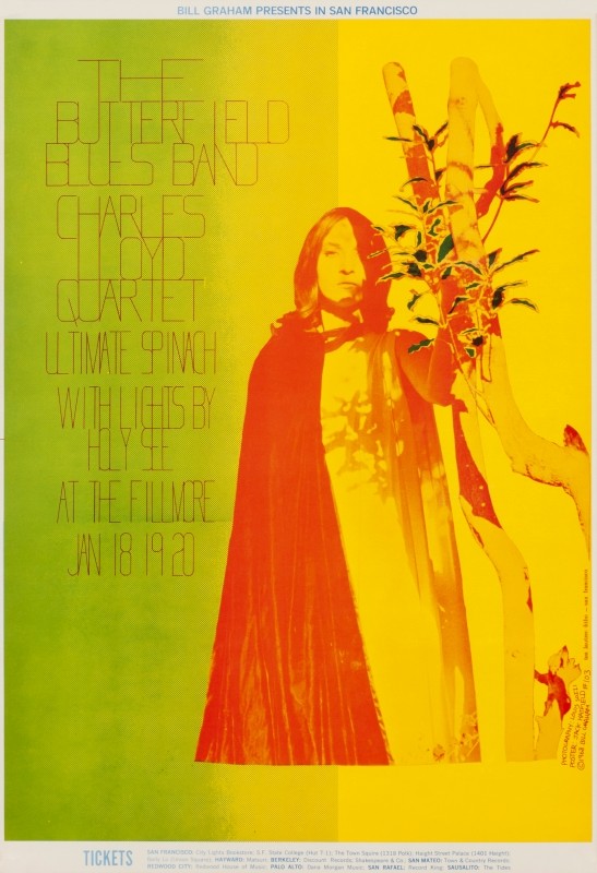 No. 103, image of woman with cape and tree, Charles Lloyd Quartet, Ultimate Spinach; red, green, yellow, neon