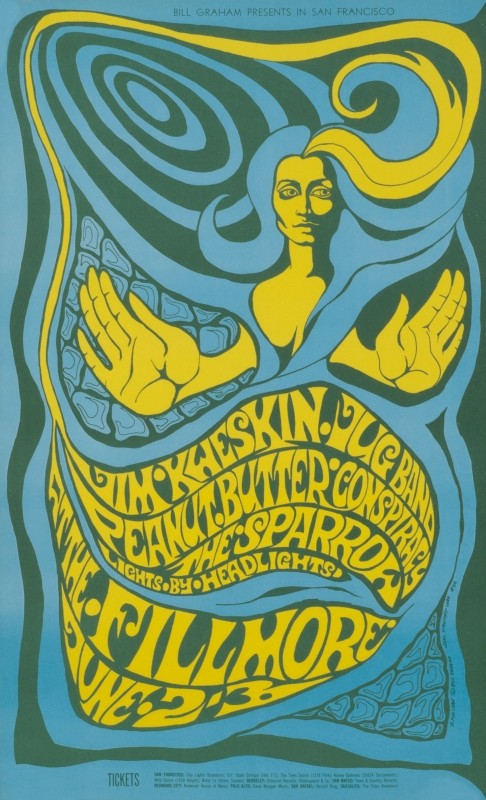 No. 66, image of woman with outstretched arms, morphed into psychedelic design, Peanut Butter Conspiracy, Sparrow; blue, green, yellow