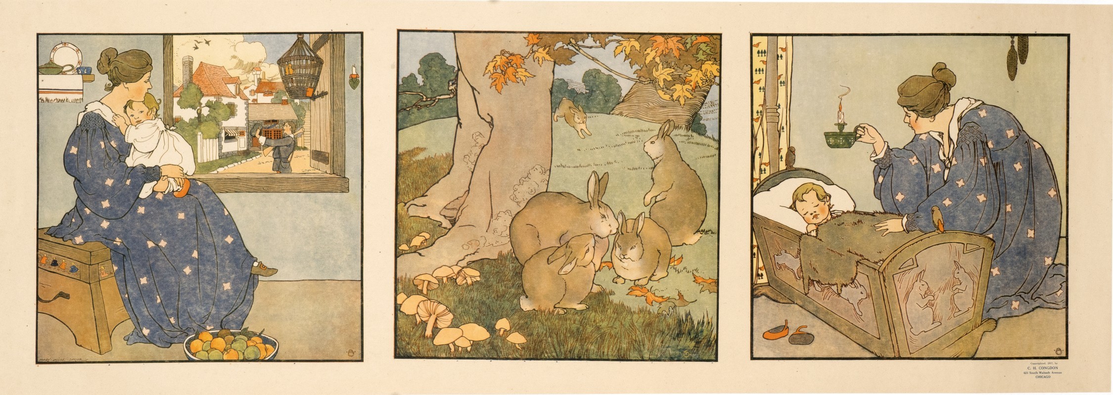 Three panels showing the nursery rhyme of Bye Baby Bunting, woman with baby, hunter, cradle, rabbits; brown, blue, green