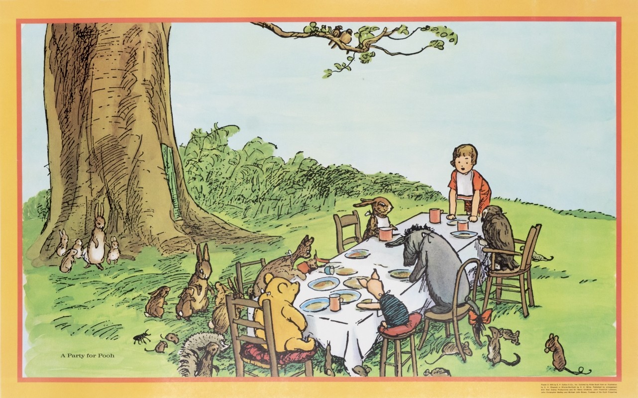 Winnie the Pooh and friends sit around a table; green, yellow, brown, blue