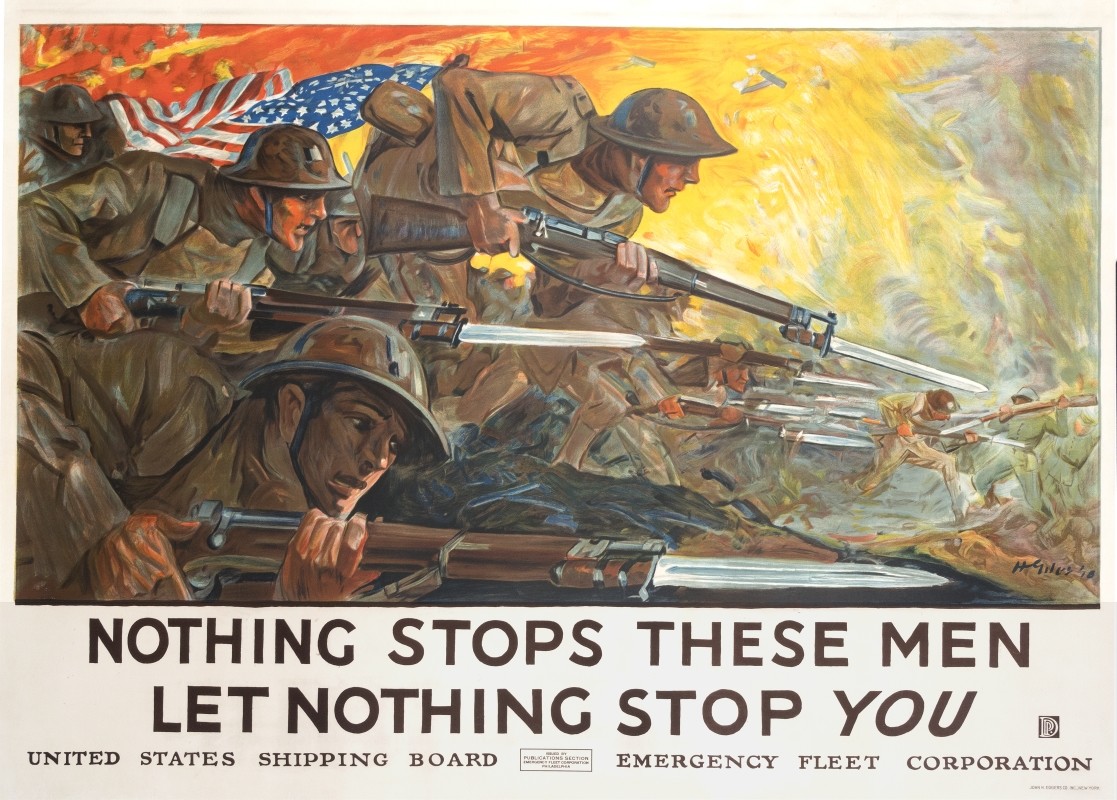 Paratroopers parachute through the air, box of rations with parachute attached; red, blue, brown
