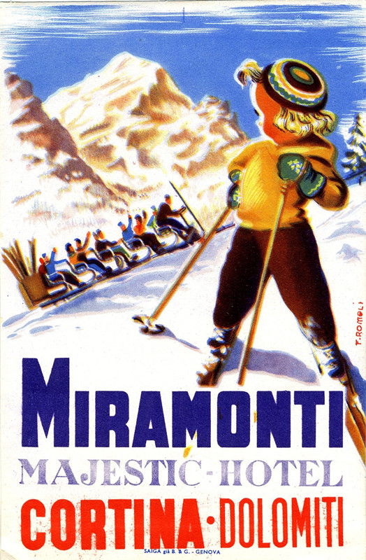 Child skiing, watching as others are driven to the top of the slope in an old ski lift, mountains in back; brown, blue, yellow, red