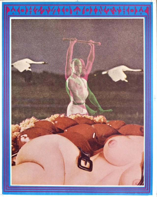 Double image of man holding baton sitting behind nude female figure; pink, blue, green, white
