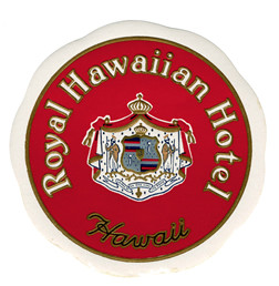 Crest of hotel in rondelle; red, white, gold