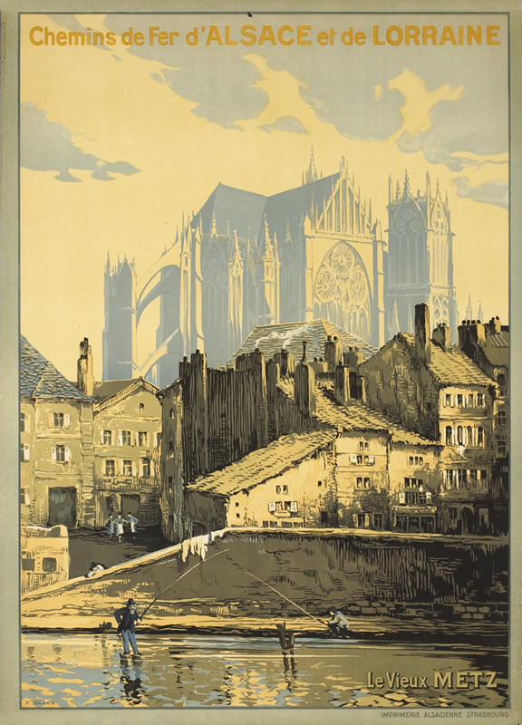 View of Metz cathedral and town in Alsace-Lorraine, fishing scene; blue, gray, brown
