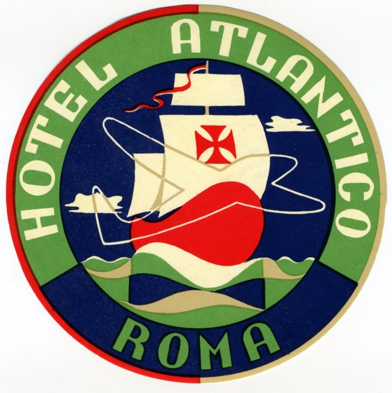 Image of caravelle type ship with outline of airplane in front of it; blue, green, red