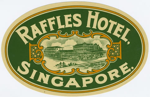 View of hotel and ocean in decorative frame, text; green, orange