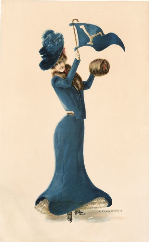 Woman with hat holding yale pennant; blue