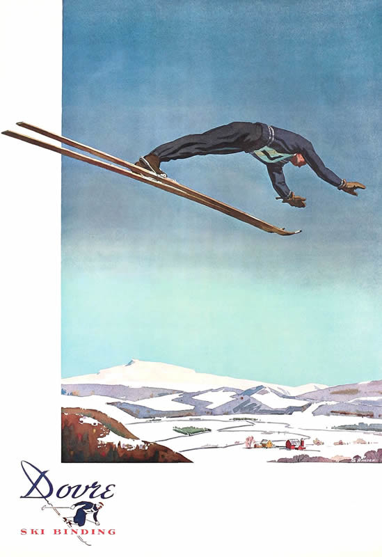 Ski jumper in mid air; blue, white
