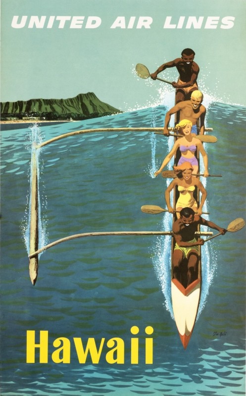 Native Hawaiians and tourists in dugout canoe ride the waves; blue, yellow, brown, green