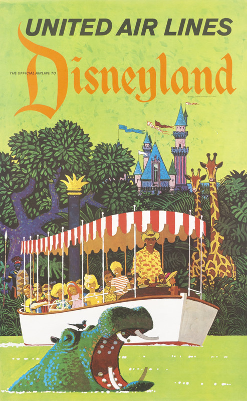 Tourists in boat view hippopotamus in water, giraffes during Jungle Cruise and Sleeping Beauty's castle behind; green, blue, red