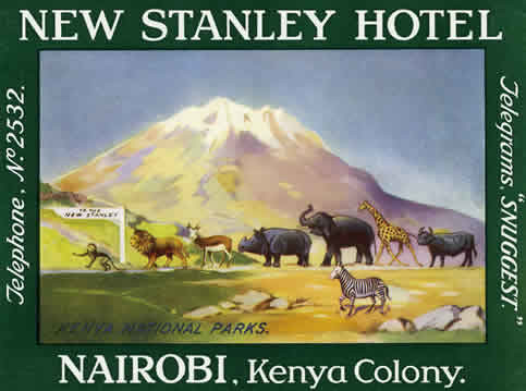 Line of giraffe, elephant, rhino, monkey, lion, zebra following sign to the hotel; blue, green, gray