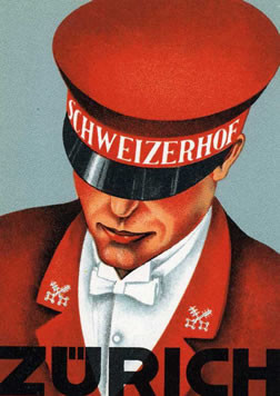 Bellman in red suit and cap; red, white, black