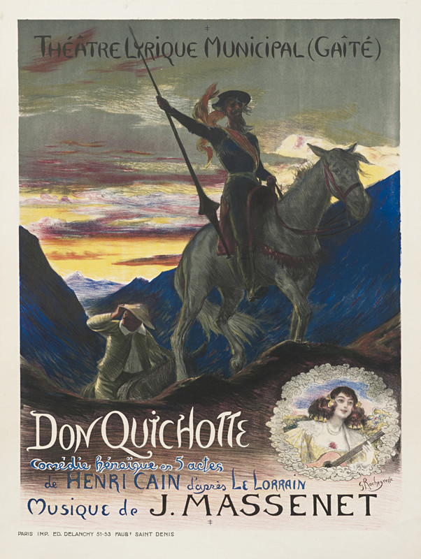 Don Quixote on horse with jousting lance, Sancho Panza, Dulcinea; blue, brown, yellow