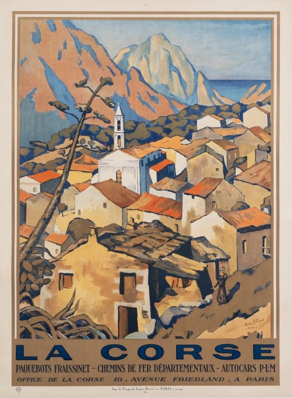 Cezanne-like mountain village; brown, orange, white, blue