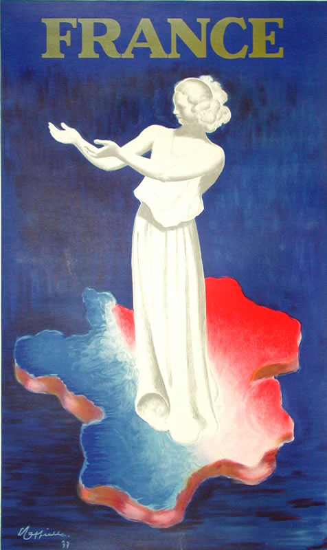 Beckoning robed woman stands on tri-colored France; red, blue, white