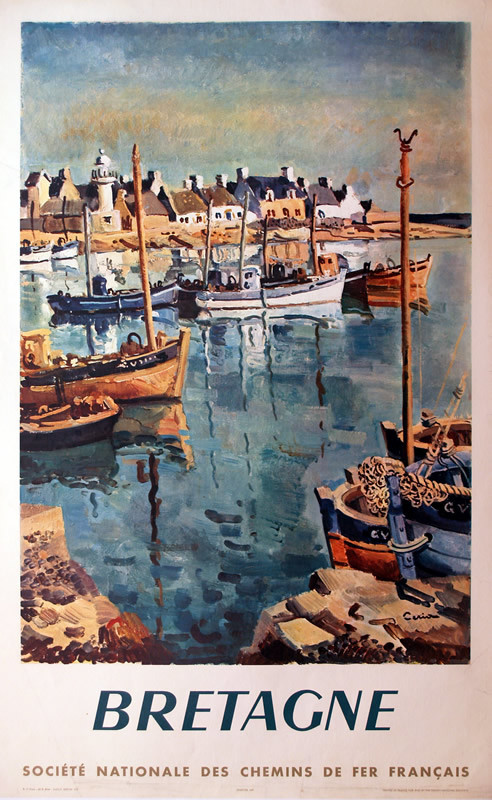 Fishing port on Brittany coast with village; green, blue, beige