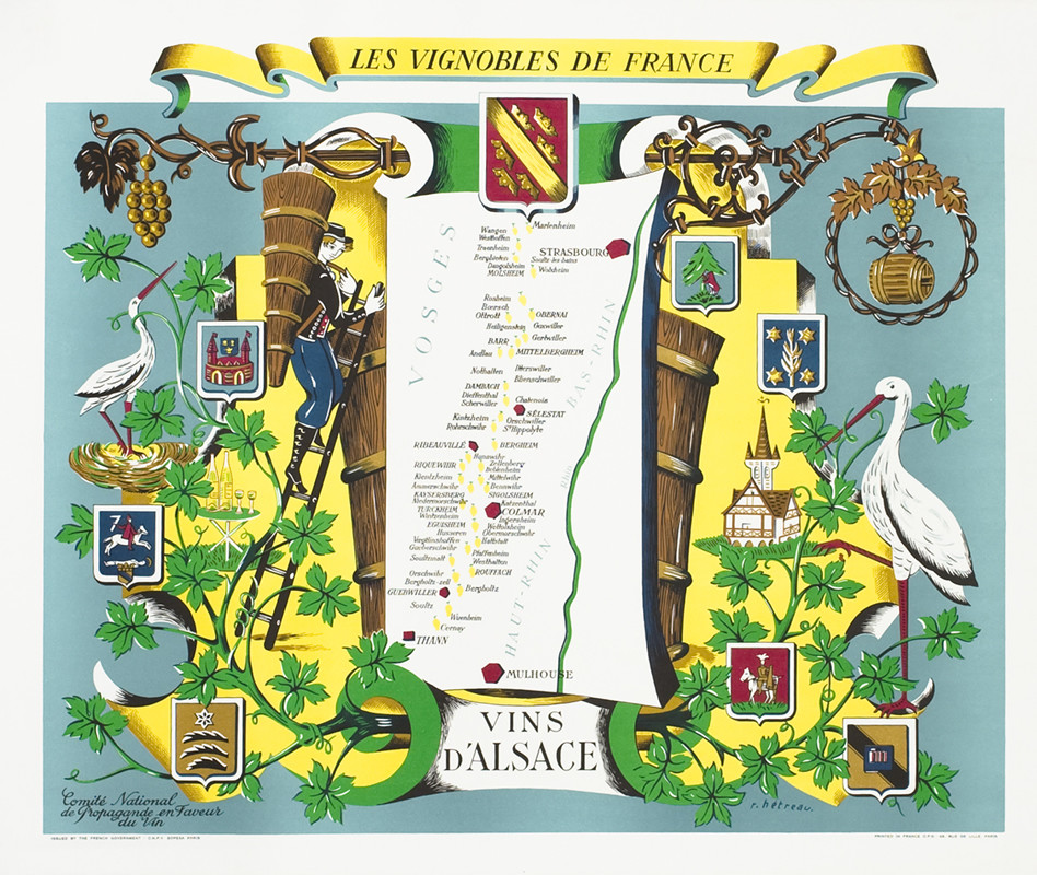 Wine barrel, boy on ladder near its top, map of Alsace, storks, shields, vines, grapes; brown, blue, green
