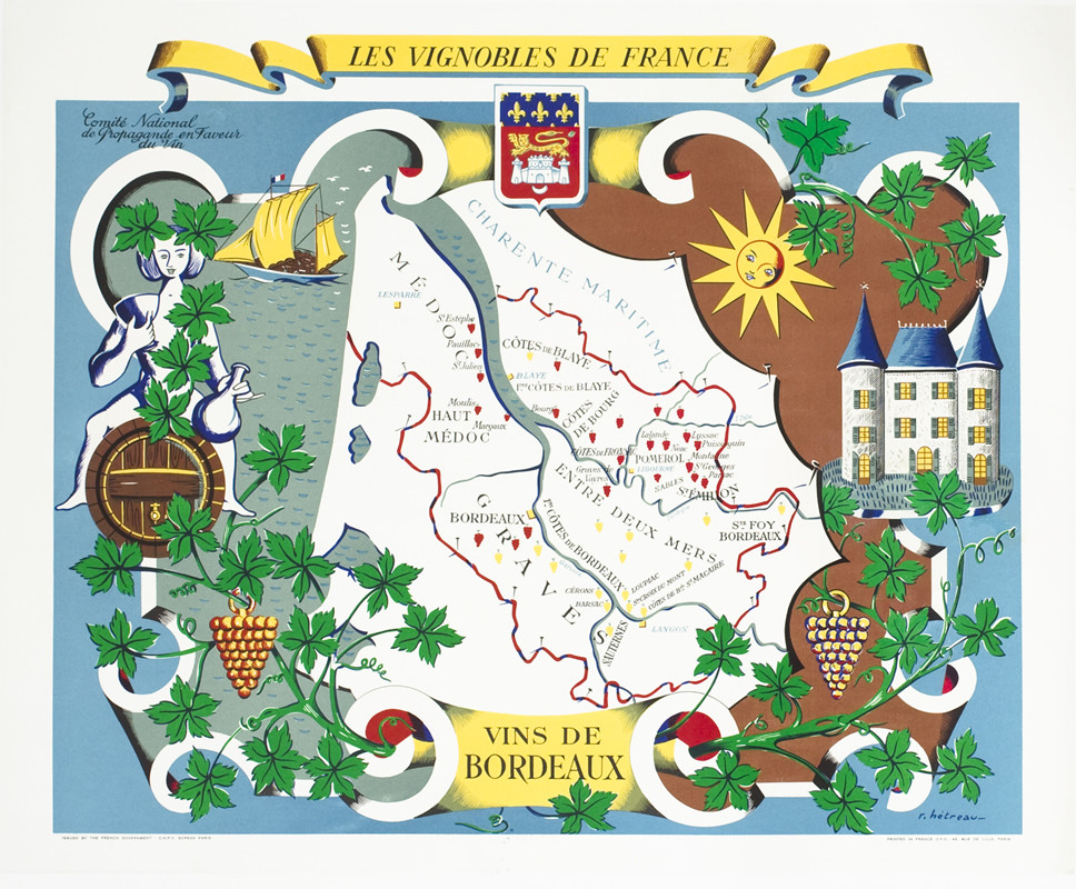 Woman in historical dress atop wine barrel, map of Bordeaux, chateau, grapes, vines, shield, ship with barrels; brown, blue, green, yellow