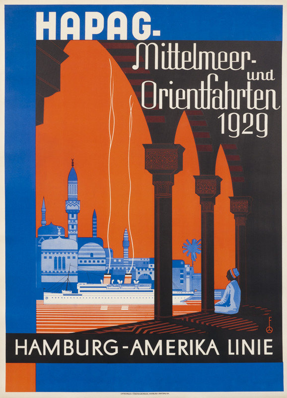 View of mosque with ship in front; red, blue, black