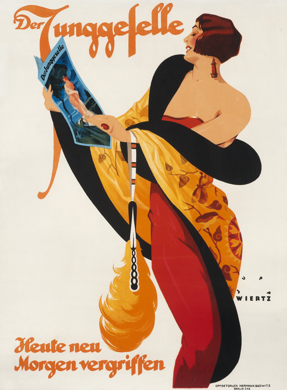 Woman in orange gown and cape reads magazine; orange, red, black