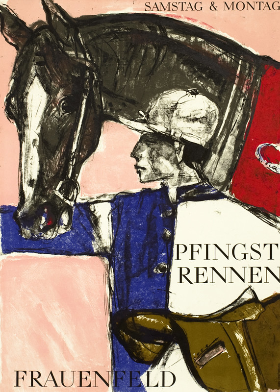 Jockey holds horse's bridle; pink, red, blue, black