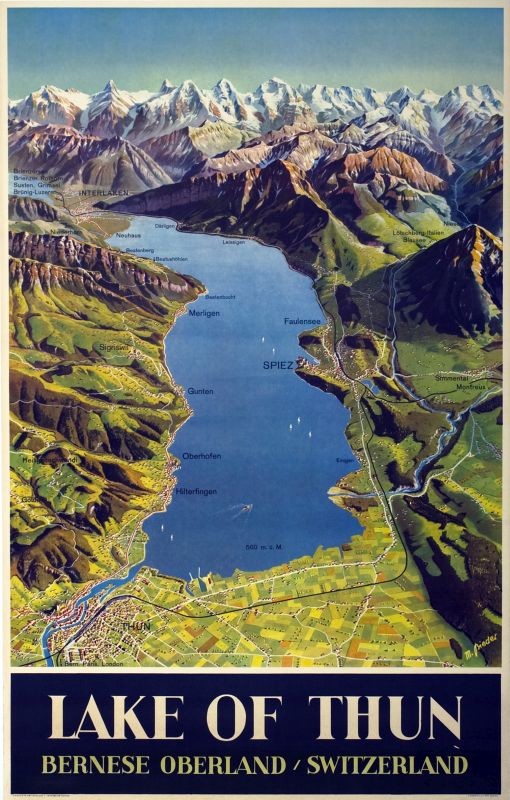 Topographical view of lake, surrounding mountains, towns indicated; blue, green, brown