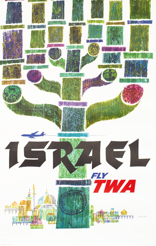 Jet flying by menora, cityscape at bottom; green, black, purple